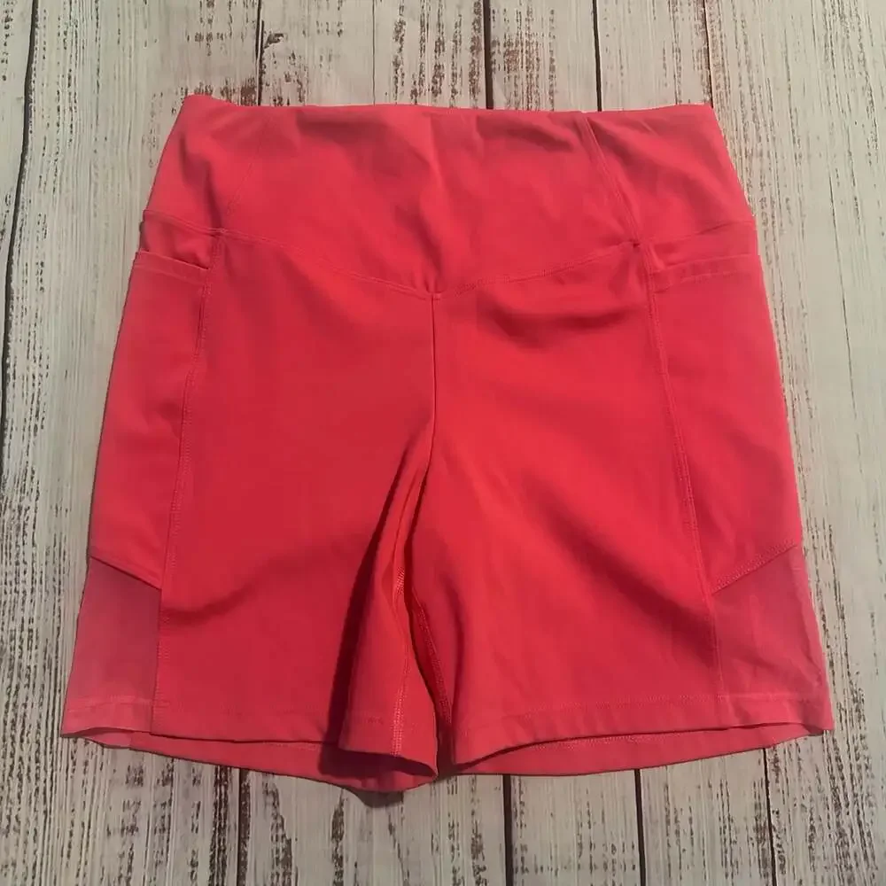 PINK Active High-Waisted Mesh Panel Biker Shorts with Pockets - Neon Pink